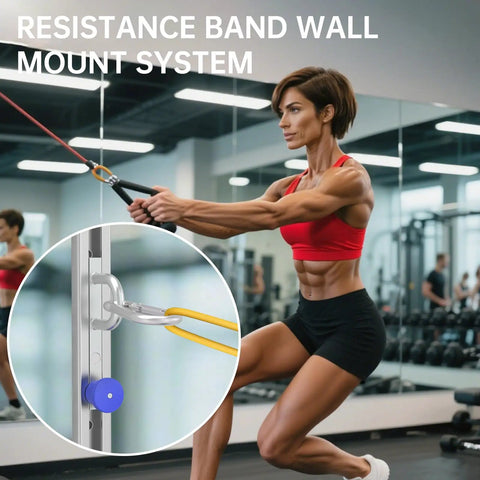 Woman using Rock Solid One Piece Resistance Bands Wall Anchor Adjustable Exercise Platform Base in gym, demonstrating strength training.