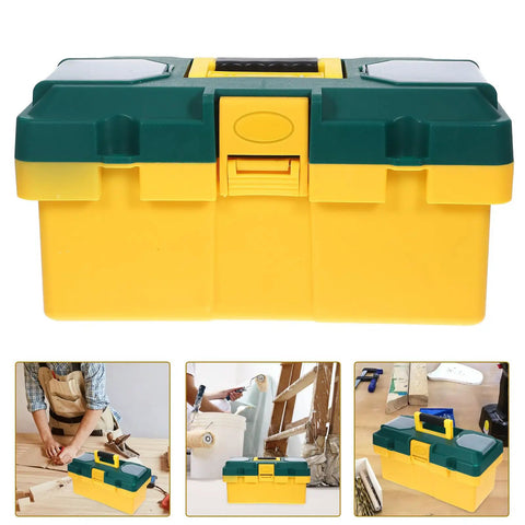 Heavy Duty Plastic Handheld Toolbox With Rugged Ergonomic Handle For Storing Hardware And Gear Making The Daily Grind Easy Around The Home Garage Or Job Site, yellow and green, front view.
