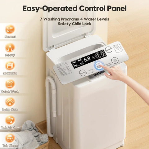 Control panel of Straight Up Solid Portable Washer And Dryer Combo with 7 programs and water levels, user operating it.