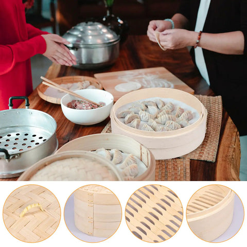 Two Tier Bamboo Food Steamer Basket For Dumplings And Fresh Seafood With No Sweat Cleanup in a kitchen setting with prepared dumplings.