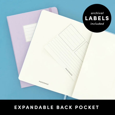 Top Shelf Hardcover Lined Journal Notebook With College Ruled Pages For Your Daily Grind And Heavy Note Taking Vegan Leather Water Resistant Cover With Expandable Pocket And Ribbon Bookmark featuring a white journal with expandable pocket and labels included.