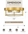 12 Inch Flush Mount Ceiling Light Fixture With Two Lights, Brass Gold Finish And Seeded Glass, showing dimensions and features