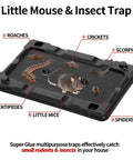 Heavy Duty Mouse And Insect Traps 12 Pack With Non Toxic Sticky Glue Sheets For Indoors and Badass Roach Rat Catcher visible with traps and insects.