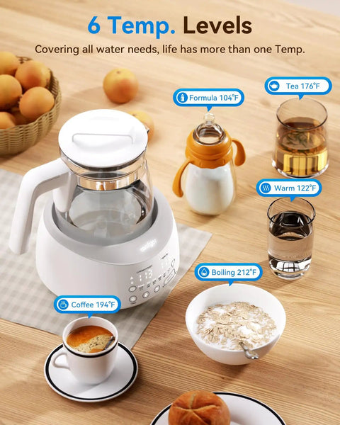 Bottle Warmer With Night Light And Fast Cooling Fan Instant Water Warmer For Bottles Electric Tea Kettle Style Warmer With 6 Temperature Presets on table with baby bottle, coffee, tea, and oatmeal.