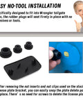 Solid Set Of Three Durable Rubber Tailgate Plugs And One Rear License Plate Mount Built For Jeep Wrangler shown with easy no-tool installation.