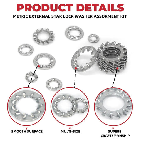 Assorted Lock Washer Set With External And Internal Toothed Serrated Designs for M3 M4 M5 M6 M8