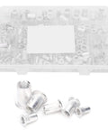 Aluminum Rivet Nut Assortment Kit, 300 Pieces, Threaded Inserts for Metal Plates and Tubes, shown with clear storage case.