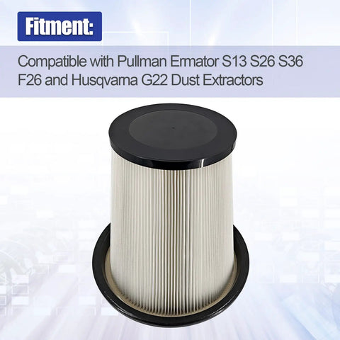 Heavy Duty Cotton HEPA Dust Extractor Filter for wet and dry industrial vacuums, compatible with Pullman Ermator S26 S13 S36 F26 and Husqvarna G22, replaces 590430201 and 200900050.