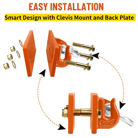 Tractor Bucket Hooks Bolt On Clevis Mount With Half Inch Shackle And Five Sixteenth Inch Grab Hooks WLL 4700 Lbs Forged G70 Steel On Laser Cut Backer Plate Beefy Heavy Duty Tow Hook For SUV RV UTV Tractors Orange shown in installation steps.