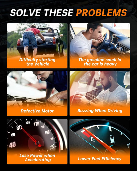 Infographic showing solutions for vehicle problems like starting difficulty, gasoline smell, defective motor, buzzing, power loss, fuel efficiency.