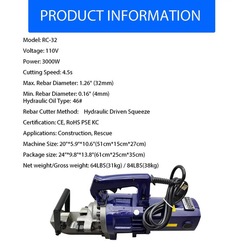 Heavy Duty Portable Electric Rebar Cutter Workhorse With Raw 3000 Watt Copper Motor For Smooth Steel Bar Shearing Up To 32 Millimeters displayed with specs.