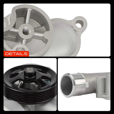 Rock Solid Engine Water Pump V8 5.7L for Dodge Charger Challenger close-up of aluminum body and steel vanes details.