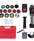 21V Brushless Cordless Angle Grinder With 3 Speed Settings And 180 Degree Swivel Head, accessories and tool kit laid out.