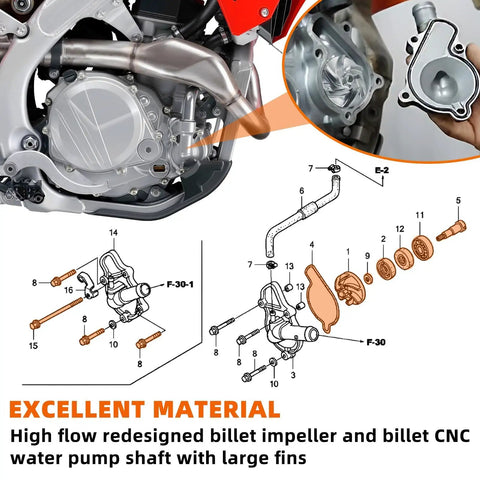 Honda Crf450r Water Pump Rebuild Kit 2002-2008 with billet shaft and redesigned impeller for smooth dirt bike cooling.