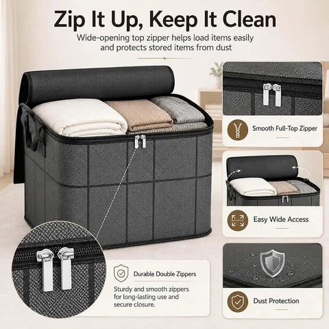 Upgraded XXL Foldable Storage Bag With Secure Full Seal Zipper Great For Moving Big Hauls Of Thick Quilts Bulky Sweaters And Bedding holding clean blankets.