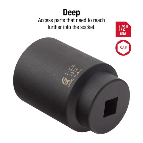 One Half Inch Drive Deep Reach Impact Socket One And Five Eighths Inch Size Heavy Duty CRMO Steel Radius Corner Design, black