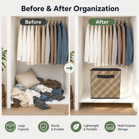 Before and after closet organization with Hella Roomy Earth Mosaic Print Closet Storage Bin Made From Heavy Duty Oxford Fabric.