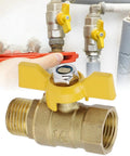 Heavy Duty Brass G1/2 Male Thread Ball Valve To Gas Shut Off control with yellow handle and a wrench, showcasing usage in plumbing.