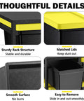 Thoughtful details of 6 Piece Stackable Mini Storage Bins With Bright Yellow Lids And Sturdy Black Rack Compact Plastic Containers.