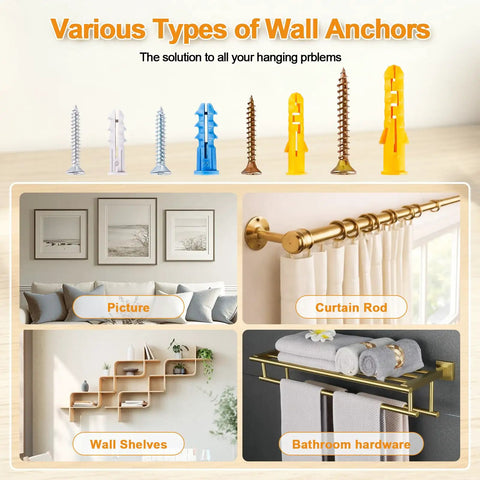 Various types of plastic drywall anchors and screws in colors, featuring uses for mounting pictures, curtain rods, and shelves.