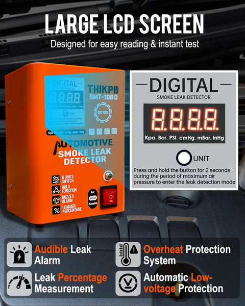 Slick Automotive Smoke Machine With Digital Gauge And No Sweat Built In Air Pump Plug And Play Evap Vacuum Leak Tester For 12V Pipe and Fuel System Diagnostics Shop Favorite large LCD screen with indicators.