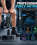 Pro Isometric Strength Tester Push Pull Dynamometer With 250Hz Cordless Data Tracking And App Control For Digital Muscle Force Gauge showing performance metrics on a phone.