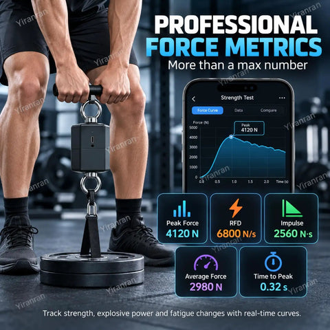 Pro Isometric Strength Tester Push Pull Dynamometer With 250Hz Cordless Data Tracking And App Control For Digital Muscle Force Gauge showing performance metrics on a phone.