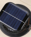 Close-up of USB solar power panel on solar powered fan hat with detachable USB solar power, wide brim sun shield.