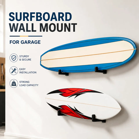 Premium Solid Pine Wood Wall Mount Surfboard Rack Hanging System For Indoors And Patios With A Gnarly Smooth V Shape Cradle And Legit Storage Setup For Longboards And Paddleboards mounted on a wall with two surfboards.