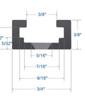 Dimensions of the Rock Solid 48 Inch Aluminum T Track For Woodworking Two Pack showing sizes and grooves.