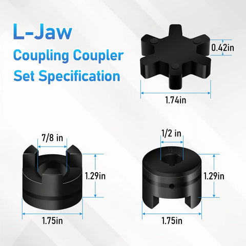 L075 Flexible L-Jaw Coupler For Log Splitter Pump 1/2 Inch To 7/8 Inch Shafts, dimension specs of rubber spider and steel hubs.