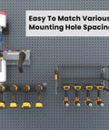 Pegboard Mounting Adapter Set, 12 Metal Brackets Fits 1/4, 1/2, Or 1 Inch Peg Boards For Hanging Tools And Storage, Heavy Duty Garage Wall Organizer, Tool Rack Mounting Hardware displayed on pegboard showing tool organization.