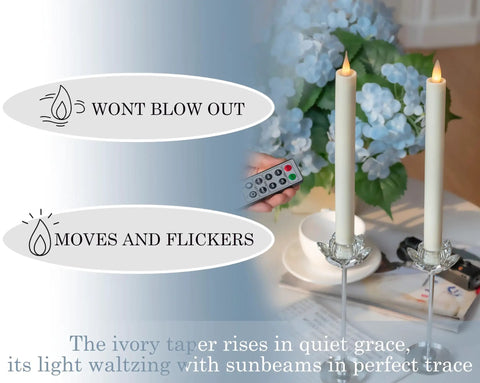Flameless Taper Candles With Remote And Timer Realistic 3D Moving Flame Battery Operated LEDs 9 Inch Ivory Window Candles