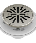 Smooth Operator 4 Inch Brushed Nickel Shower Floor Drain For Tile Installations with removable strainer grate, adjustable height.