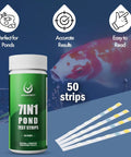Super Slick 7-in-1 Pond Test Strips Easy-Peezy Water Quality Check for Fish Ponds with 50 Pro-Grade strips visible.