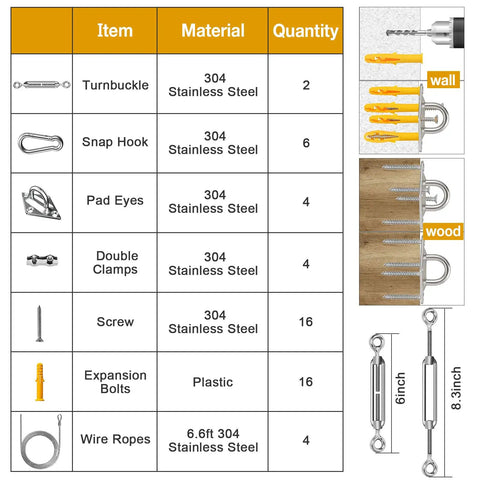 Sun Shade Sail Hardware Kit For Rectangle And Triangle Sails Easy Install Canopy Setup 304 Stainless Steel parts list and dimensions