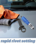 Cordless Rivet Nut Setter Tool Kit with cloths on a workbench for metal and auto repair projects.