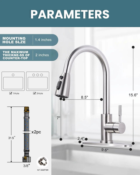 Dimensions of High Arc Single Handle Brushed Nickel Kitchen Faucet With Pull Down Sprayer And Deck Plate 304 Stainless Steel