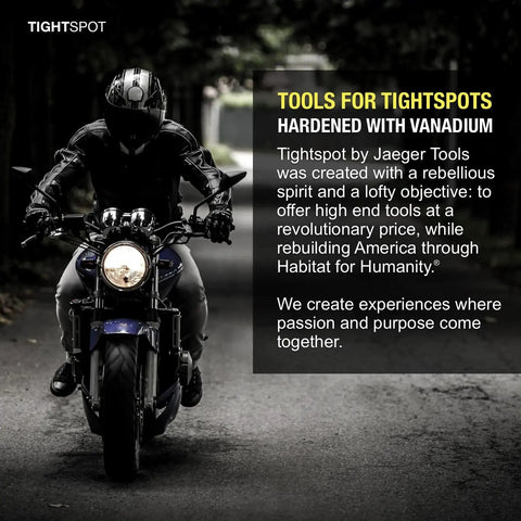 Motorcyclist on a road with text about tools for tightspots and high-end tools by Jaeger Tools