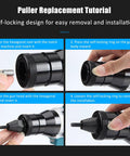 Self-locking puller replacement tutorial demonstrating steps for Badass Brushless Cordless Rivet Nut Gun installation.