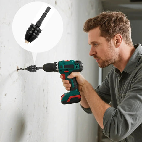 Person using Two Pack Keyless Drill Chuck Adapter For Impact Driver 1 Quarter Inch Hex Shank Fast Change Converter Tool.