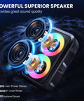 Karaoke Party Bluetooth Speaker with Dual Wireless Microphones, powerful stereo sound with colorful lights, floorstanding system.