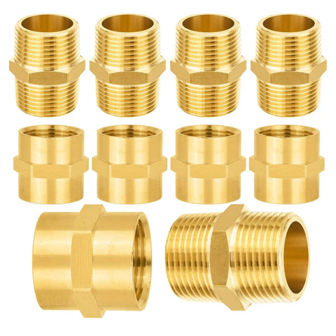 Brass Pipe Fittings Set 3/4 Inch Male To 3/4 Inch Female NPT Hex Nipples 10 Pack with 5 Male and 5 Female Adapters