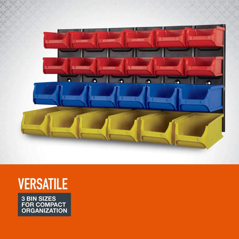 Rock Solid Metal Louvered Wall Panel Storage Rack With 24 Heavy Duty Sorting Bins And An Eighty Pound Weight Rating, featuring red, blue, and yellow bins.