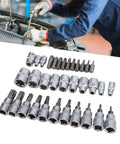 Grip Tight 34 Piece Socket Wrench Tool Set Featuring Knockout 3 In 1 Drive System, chrome vanadium bits and sockets for automotive use.