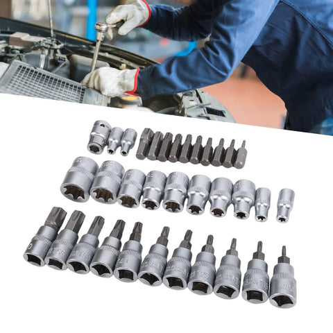 Grip Tight 34 Piece Socket Wrench Tool Set Featuring Knockout 3 In 1 Drive System, chrome vanadium bits and sockets for automotive use.