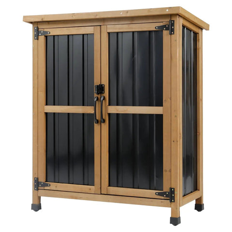 Tough As Nails Built To Last Outdoor Storage Cabinet Waterproof Weatherproof Wood And Metal Shed with lockable doors.
