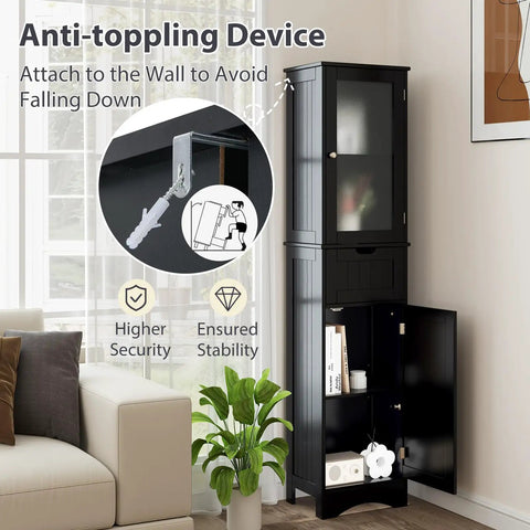 Zero Fuss Top Tier Heavy Duty Sixty Seven Inch Tall Bathroom Storage Cabinet Freestanding Linen Tower with anti-topping device.
