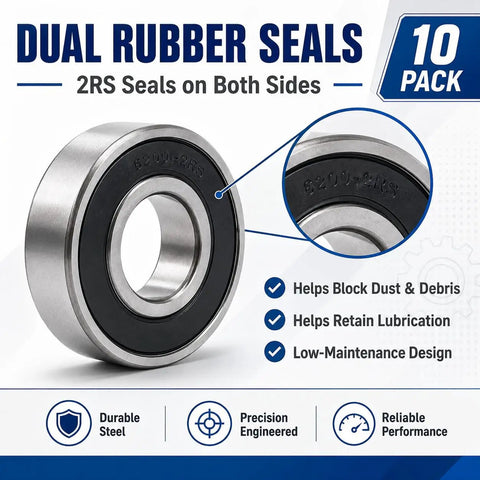 Dead Nuts Precise Fit 6200-2RS Sealed Deep Groove Ball Bearings 10X30X9MM with dual rubber seals for durability.