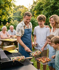 Family using Nesting Stainless Steel Grill Basket Set 2 Pieces For Veggies Shrimp Fish And Meat With Rotating Outdoor BBQ Grilling Accessories